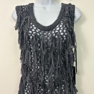 MAK B by Mak Womens Small Gray Crochet Fringe Tunic Top Sleeveless